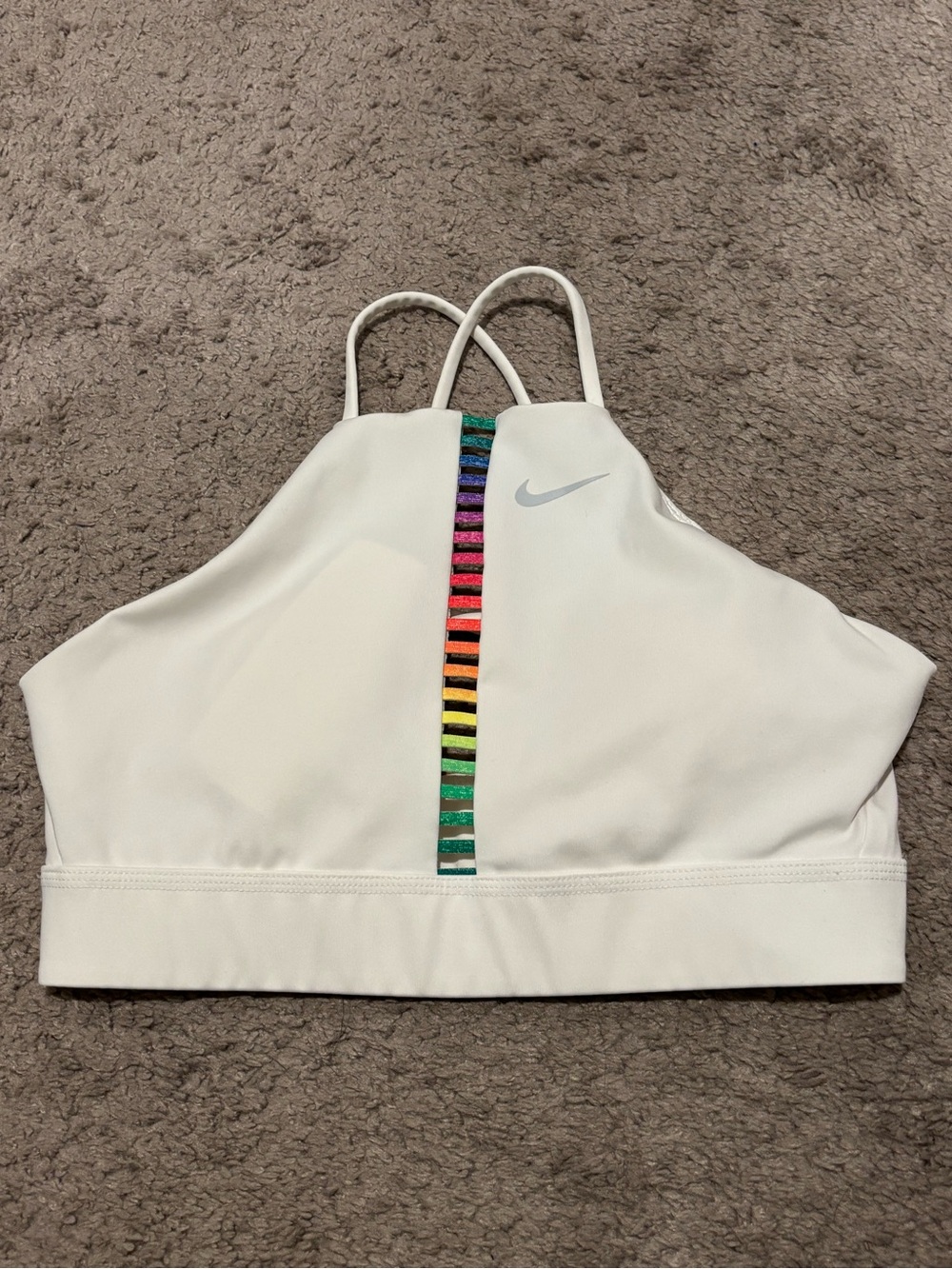Nike Women's Sports Bra White Racerback Rainbow Zipper Detail High Neck Small